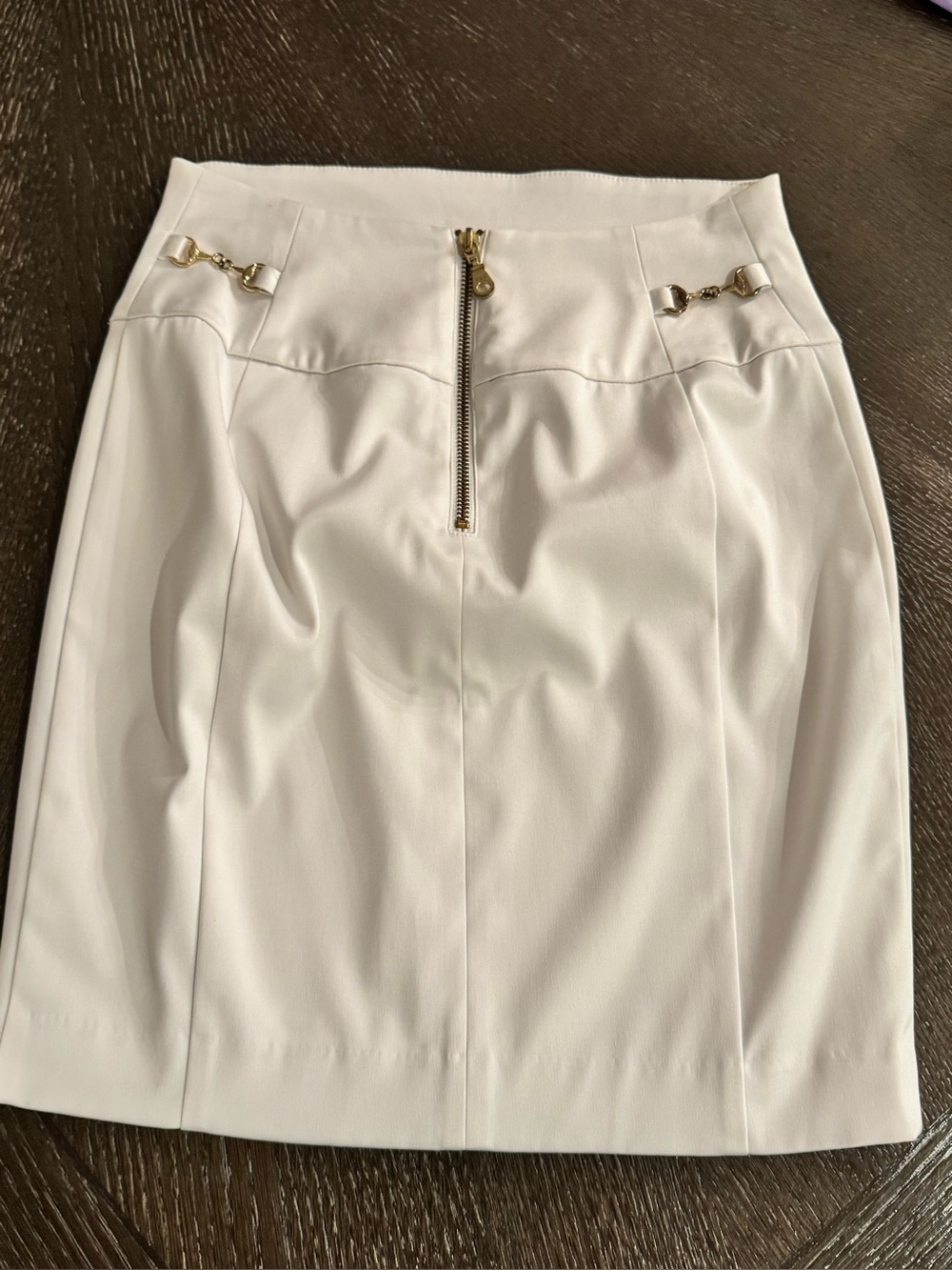 Express White Mini Skirt with Gold Zip & Accent Hardware